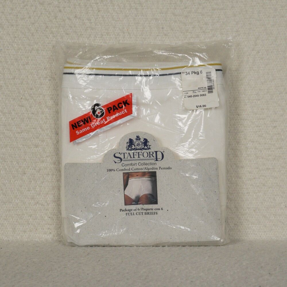 Vintage Stafford Full Cut Briefs Mens 34 6-Pack White Comfort Collection Cotton